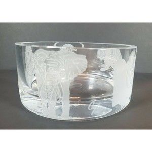 Coyle Signed Etched Glass Bowl African Big Game Animals Elephant Lion Rhino More